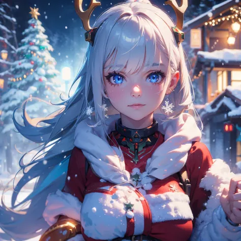 Christmas theme, cute beautiful cyborg, 8k, hd, unreal engine, masterpiece, 4k, extra details, Christmas decoration, snow, close face, Christmas cosplay,  snow man, reindeer