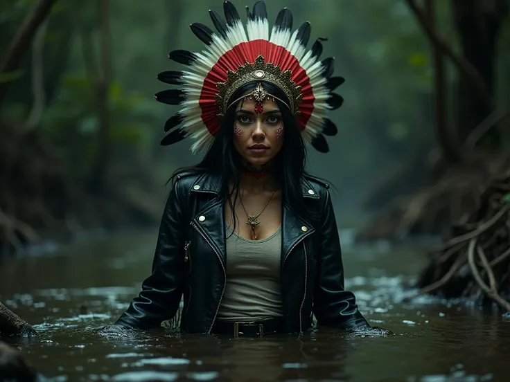 documentary drama portrait, a woman in high heels and wetlook flared jeans and t-shirt and biker jacket, desperate stuck in bog, victim of ritual, sexy posing, seductive posing, wearing a beautiful headdress and traditional indigenous makeup, red, noir