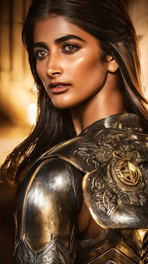 "erotic high quality close-up  photograph of Pooja Hegde  a powerful warrior woman, dark and atmospheric setting, confrontational and strong pose, looking at viewer, minimal striking armor, dark metallic, angular shoulder armor, chest plate, ornate belt, m...