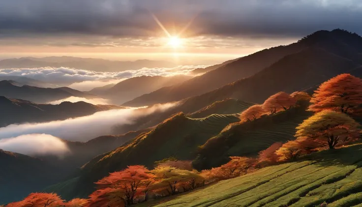 Japanese countryside, Valley, autumn, sunny, sea of clouds,morning, (Highest quality,4K,8k,High resolution,masterpiece:1.2),Very detailed,(Realistic,photoRealistic,photo-Realistic:1.37),High resolution,超High resolution,Studio Lighting,Vibrant colors,Profes...