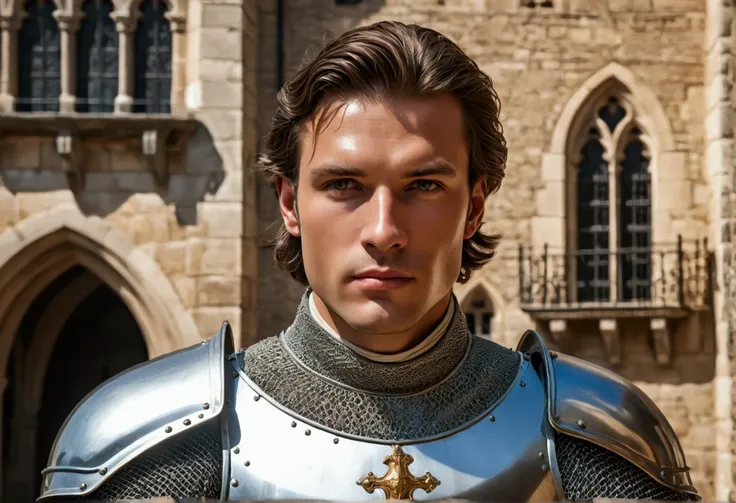 Portrait of a Handsome Medieval Knight
Portrait of a (handsome, attractive, clean-shaven medieval knight) with shining armor, castle courtyard background, hyperrealistic, detailed face, 8k, high quality