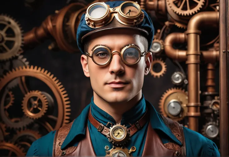 Portrait of a Handsome Steampunk Engineer
Portrait of a (handsome, attractive, clean-shaven steampunk engineer) with goggles, brass gears, industrial workshop background, hyperrealistic, detailed face, 8k, high quality, 