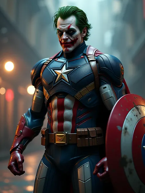 Realistic cinematic style，A character that combines Iron Man and Captain America，Joker&#39;s facial