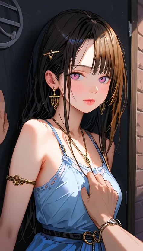 POV,Being held around the waist，wall bang，(high quality,ultra-detailed,realistic:1.37),1girl ,linked piercing，Linked piercing close-up from the side ，(Don&#39;t look at the camera：2.0)，，expressionless，earrings，earrings，((Hold your shoulders tightly with bo...