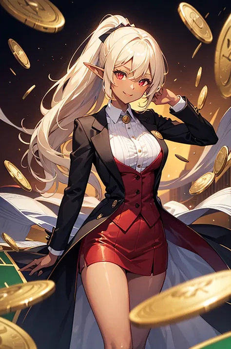 Beautiful images,Detailed Images,Official image,Casino Background,One Woman,Blonde,Red Eyes,Ponytail Hair,Model body type,(Dark Skin:1.3),Elf Ears,Large Breasts,(Black tailcoat:1.1),Smile small,Shuffle the cards.Fluttering coins