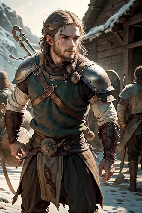 young, viking, viking culture, with bows in hands, training, Game of Thrones style, medieval, Short hair with bangs, male chauvinist, male, (((young))).