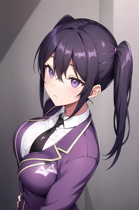 lora:SaiminSeishidou_Lesson_Style-KK77-V1:0.3>,girl purple eyes, dark purple hair with pigtails on the sides, short purple jacket with an open waist, dark sport bra black trousers,
