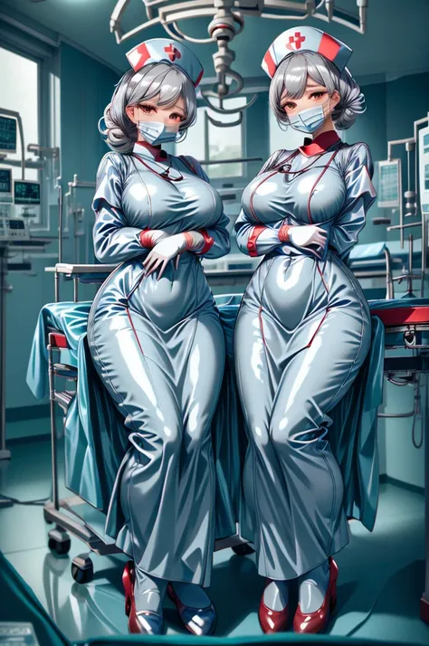 nurse uniform,hospital, latex nurse suit,nurses,busty,elbow gloves,labcoat,grey hair woman,red eyes , gigantic ,medical instrume...