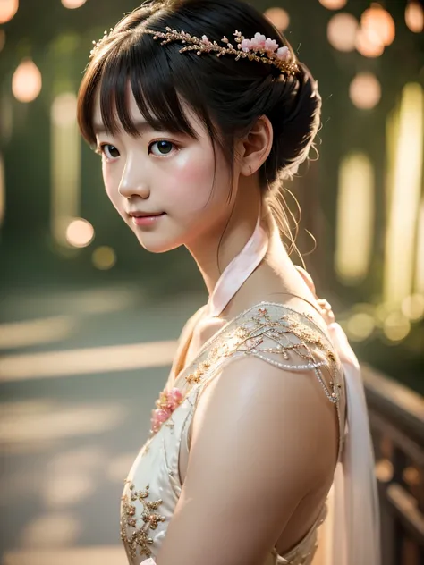 Great quality, masterpiece, High Resolutiupon, One girl, blush, (Cute Smile: 0.8), Star Eyes, chinese hanfu, hair accessory, jewelry, beauty, upon_body, Tyndall effect, Realistic, Peach Blossom Forest, Light Edge, Two-tupone Lighting, (Skin with attention ...