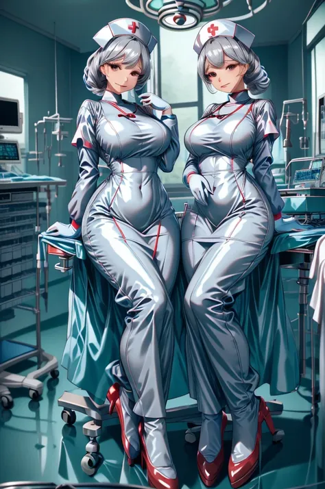 nurse uniform,hospital, latex nurse suit,nurses,busty,elbow gloves,labcoat,grey hair woman,red eyes , gigantic ,medical instrume...