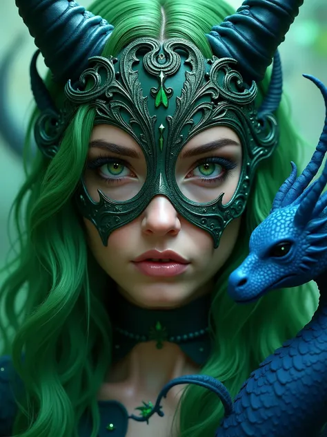 a close up of a woman with green hair, fantasy creatures, blue dragon, masked, photoreal elegant, green and blue colour palette, the element woman, intricate devilish designs, lady of the entropy, wicked