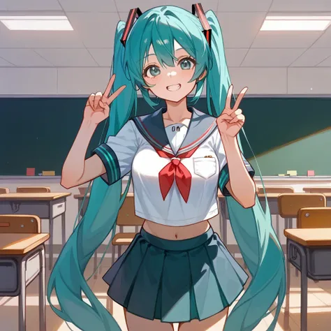 masterpiece,,very detailed、classroom, hatsune miku、very long hair、very short dark blue skirt、growing breasts、summer sailor unifo...