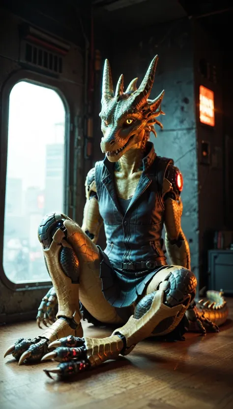 （female robotic dragon), colorful reflective dragon scales, solitary,, detailed scales texture, (cyberpunk),, (sleeveless vest ,...