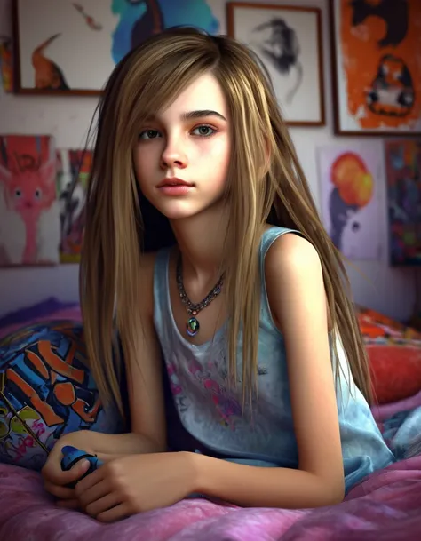 13 year old girl in her bedroom, with big toys ,skinny, slim, strange, gentle, hair decoration , very detailed realistic texture...