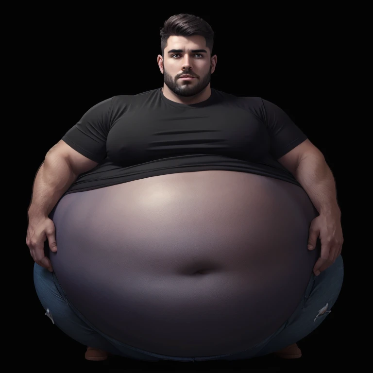 a very handsome young man wearing a black shirt, with a massively large and extremely huge belly, on a black background, full blueberry inflation