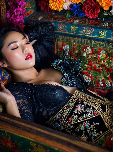 In a striking 8K HDR scene, a stunning Korean woman, 22 years old, lies peacefully in a coffin and coffin cover surrounded by plush pillows behind head. The deep box is set against a rich black background, accentuating the beauty of the subject. Her exquis...