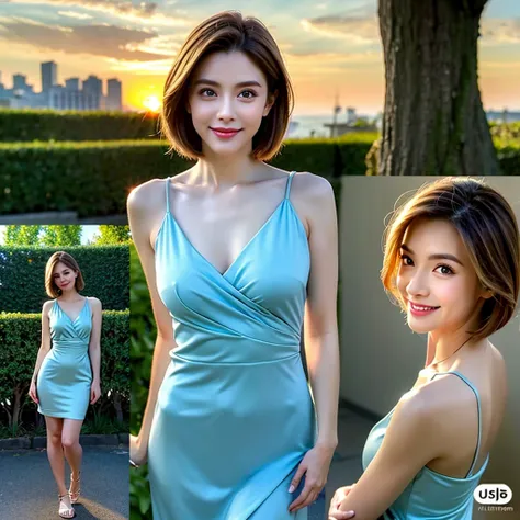 8k,Brown short hair,Very slim body、Japanese actress,Super Beauty(Like the real thing),Wine Party、wine glass、sparkling wine、full-course dinner,Neat and clean dresses,Cocktail Dresses、Big smile,Amazing view of the sunset sky and clouds、,Perfect Anatomy,charm...