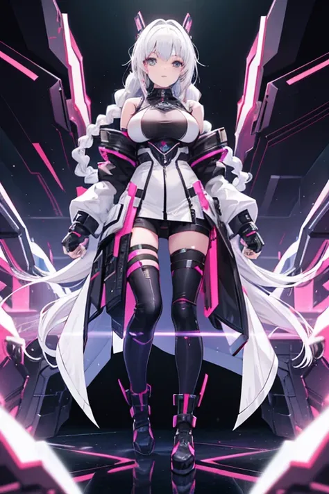 Highest quality,One girl,Standing girl,cyber punk,White Hair,Long braids,Two braids,Big Breasts,Black boots