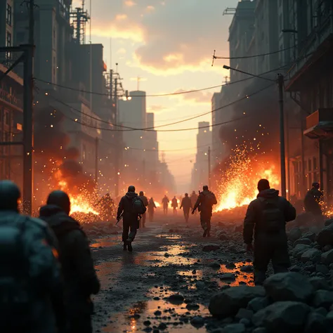 best quality，masterpiece，Ultra-high resolution, (Reality:2.0), RAW photos，Ground battle，City，Bullets rained down，spark，smoke，evening，Very impactful background，No characters are added