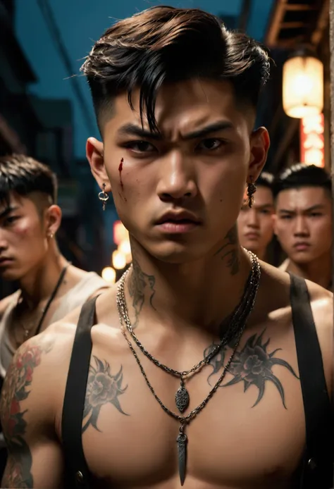 Close-up of a group of extremely handsome, 15-year-old, muscular, tattooed, necklace-wearing, high-tailed young men, street scene, gangster style, romance, Hong Kong cinema, knives, guns, spears, clubs. Their eyes are filled with sadness and longing. The b...