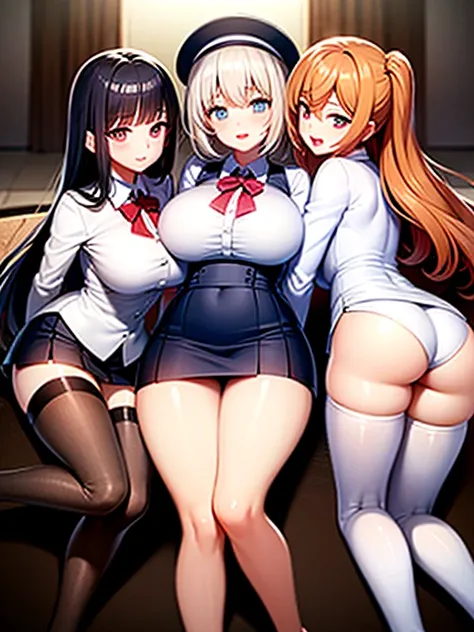 (3girls,harem),big breasts,curvy,mini skirt,white shirt,school uniform