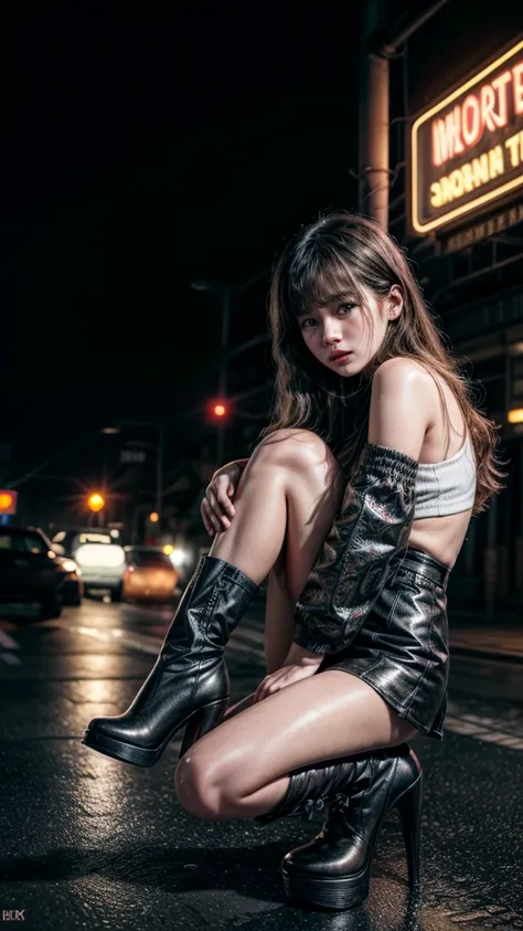 （（Inward-Eight Legs）），Exquisite facial features，Young teen girl，((masterpiece, best quality, Highest image quality, high resolution, Reality, RAW photos, 8K)),, A wet woman waiting for guests in front of the hotel, Over the knee stiletto platform boots, Sh...