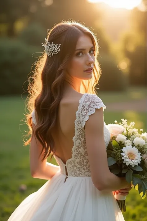 a beautiful woman wearing a white wedding dress, with her husband detailed facial features, long wavy hair, elegant and graceful posture, wedding bouquet, sunlight in garden, cinematic lighting, soft focus, high quality, photorealistic, intricate details, ...