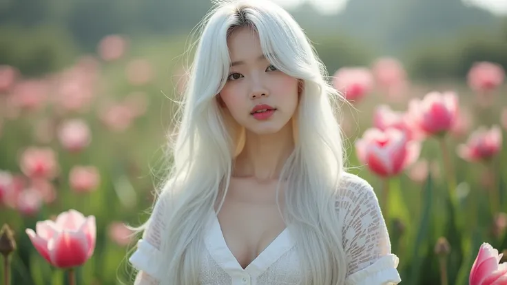 Long-haired, white-haired Korean woman, beautiful face showing her cleavage, wearing casual clothes in a flower garden. Surrealistic style, pastel tones, mid shot, dramatic lighting.