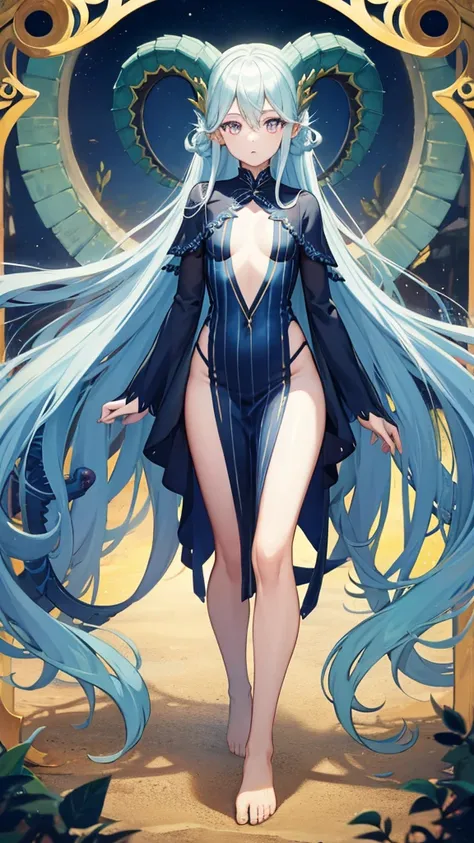 Long blue hair, god，Blue Dragon Horn，,The body has green dragon scales,small dress，Blue Dragon Tail，thigh,barefoot，Standing，ocean