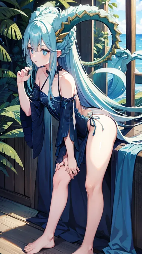 blue hair, god，blue dragon horn，,the body has green dragon scales,small dress，blue dragon tail，thigh,barefoot，standing，ocean