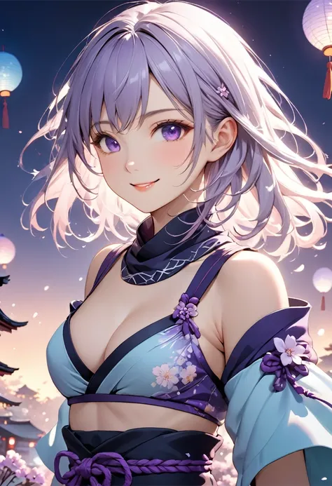 Highest quality, Highest quality, 16K, Unbelievably absurd, Very detailed, 2.5D, delicate and dynamic,pale,Cool colors,A Kind World,evening,Fantasy,One Girl,18-year-old,purple,Ninja,Japanese culture,sexy,smile,Cute,Upper Body