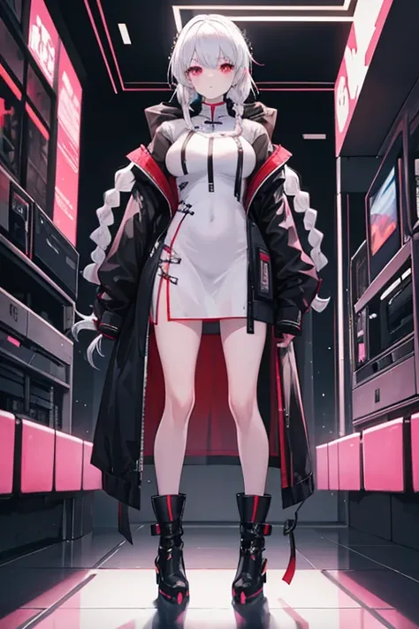 Highest quality,One girl,Standing girl,cyber punk,White Hair,Long braids,Two braids,Big Breasts,Wearing china clothes,Put on a hoodie,Black boots