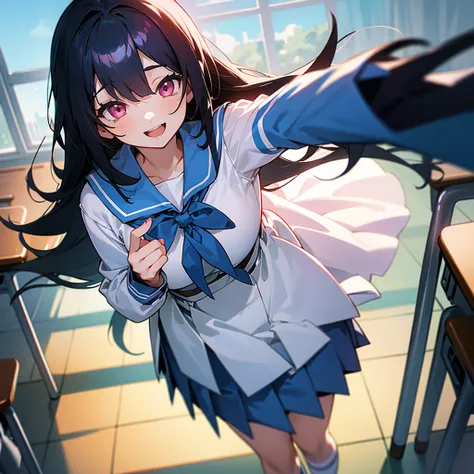 2D style,Girl,From above,Chest to head,Focus on the face,looking at the camera,Look up here,smile,Open your mouth,Hair Ribbon,Long Hair,uniform,セーラー服タイプのuniform姿,Are standing,Leaning forward,School,classroom,blue sky,sunny、Black Hair、A girl with pink eyes,...