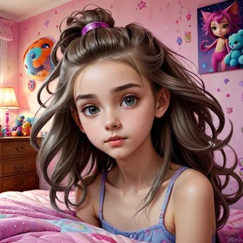 13 year old girl in her bedroom, with big toys ,skinny, slim, strange, gentle, hair decoration , very detailed realistic texture...