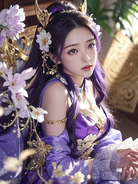 1 Girl, full body photo, diaochan, deep purple clothes, purple hair accessories,