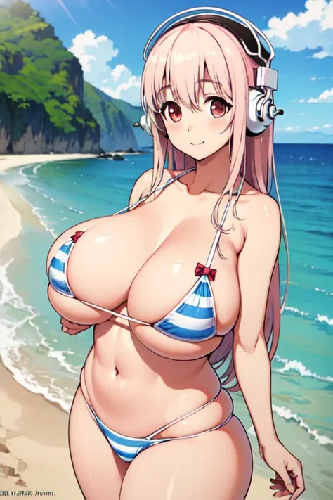 (8k, RAW photo, best quality, masterpiece:1.2),1girl, solo, smile, Super Sonico, pink hair, super long hair, headphone, (hugebreasts :1.9),beach scenery, wearing white and blue striped bikini, Camel toe, looking at viewer, 