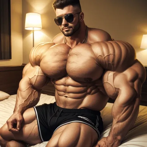 hyper muscles, hyper growth, a very handsome young man, massively large, shirtless wearing black shorts, mid fade haircut, sunglasses, massively muscular, massively large muscles, massively large biceps, massively large arms, massively large shoulders, mas...