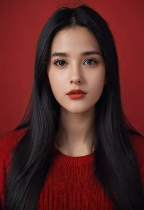 masterpiece, ultra-realistic, 20 years old, 8k, hd, beautiful girl, black hair, very long hair, straight hair, closed mouth,1girl, detailed face, beautiful womans face, red sweater, plumpy, red background, looking to viewer, 85mm lens, cinematic light