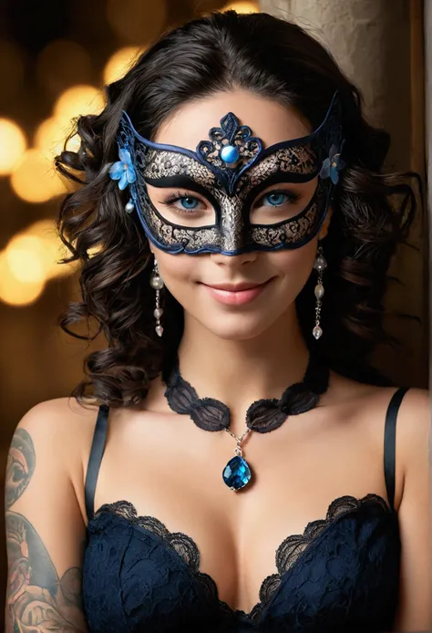 Full body photo、Front view、Masquerade、Wear a mask around your eyes、black venetian mask、black lace mask、Adult woman、Glowing Skin, (Detailed face),tattoo, jewelry, , night, bionde, Wavy Hair, beautiful soldier, Attractive appearance, smile, Perfect Style, Pe...