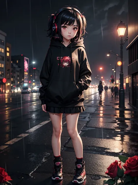 Anime,chibi , girl,15 year old, full body,sad,black and red headset,Black hoodie with white roses,short black skirt, night city background,rain, brown eyes, black hair