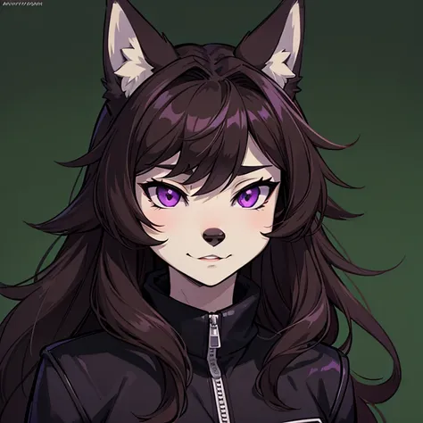 masterpiece, best quality, high quality, 1anime wolf, brown female wolf portait, has purple eyes, wearing black jacket, anthropo...