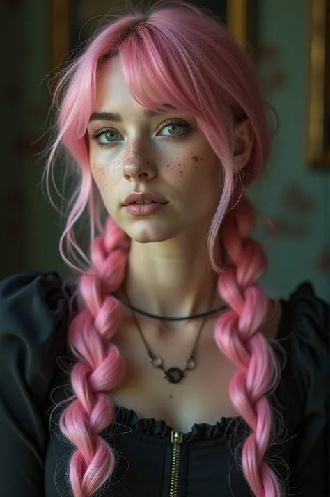 (Realisttic:1.2), analog photo style, Beautiful young woman, posing, with freckles and long pink hair braided, (steampunk dark fantasy atmosphere), soft natural light, cute and sexy, great quality, Masterpiece, detailed strange background, better performan...