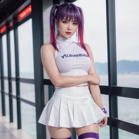 Ayane, purple hair, red eyes, (best quality, ultra-detailed), (realistic:1.37), beautiful and detailed face, ultra-realistic texture, delicate face, delicate body, red lipstick, long-lasting colors. high definition, 8K. expression with a sexy look