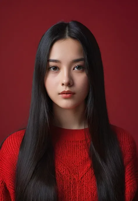 masterpiece, ultra-realistic, 20 years old, 8k, hd, beautiful girl, black hair, very long hair, straight hair, closed mouth,1girl, detailed face, beautiful womans face, red sweater, plumpy, red background, looking to viewer, 85mm lens, cinematic light