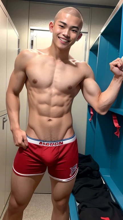 Japanese men、15 years old、Well-developed muscles and smooth skin、Red shaved head、Relaxed and friendly smile、Showing off his blue boxer briefs、The whole body is visible from toes to head、Fist pump in the locker room、