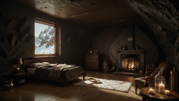 arafed bedroom with cave bed and fireplace in the corner opposite the door. . the bed looks out the door, open space, wide open space. cozy bathroom hidden in cave, unreal engine 5 highly rendered, snow cave, ambient cave lighting, unreal engine 5 rendered...