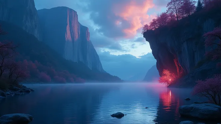 Photographs that capture the essence of a magical dream world. An epic cliff，Hanging over a beautiful lake, Surreal and vivid colors illuminate its reflection. The atmosphere is otherworldly, The soft night light casts a flowing shadow. The image creates a...