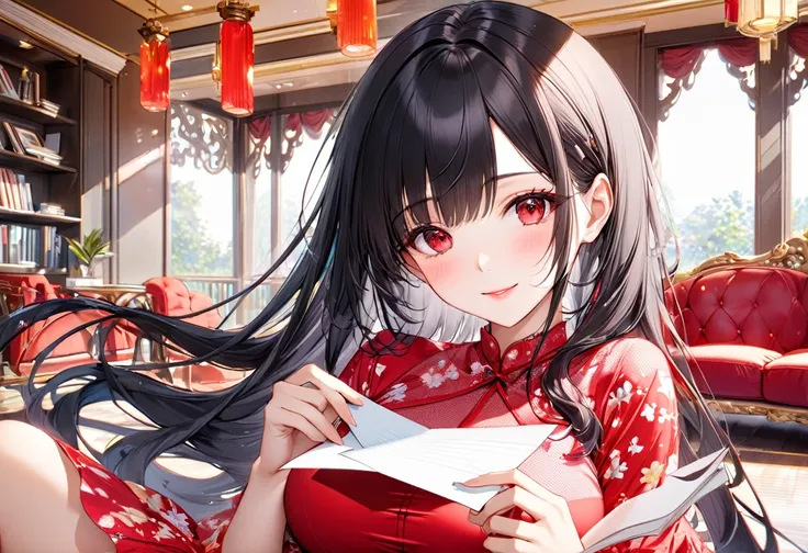 (Pastel color art style) (double exposure pastel color), (hand holding a letter) (solo:2, 18 yo) (beautiful detailed asymmetry bangs:1.3, hime cut) (beautiful pastel black hair very long hair) (beautiful detailed sadist girl) (detailed cool red eyes) (best...