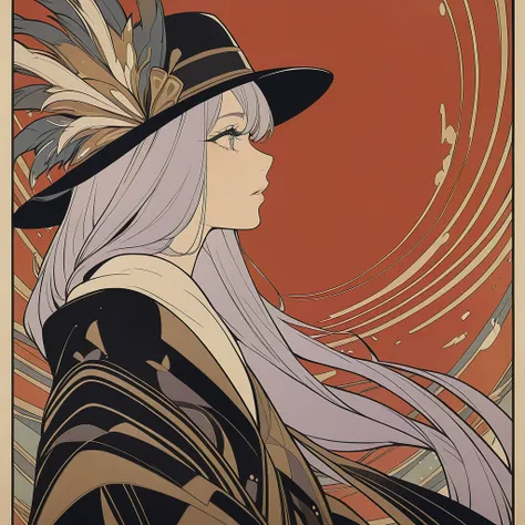 classy woman in a dress, 1girl, light purple hair, long hair, blue eyes, extreme close up side profile, black hat, black clothes, red background, centred, art deco, movie poster, masterpiece, 4k, hd, best quality, detailed, thick line art, variable line ar...