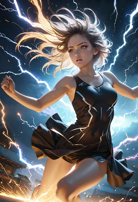 1girl,night sky,floating girl,arms spread,running lightning bolts,looking down eyes,white aura emanating from body,(best quality,4K,8k,highres,masterpiece:1.2),ultra-detailed,(realistic,photorealistic,photo-realistic:1.37),cinematic,dramatic lighting,ether...